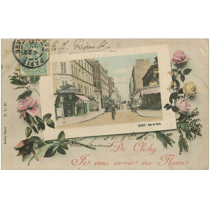 92 CLICHY Buvette Richard rue de Paris en encadré de Fleurs 1906