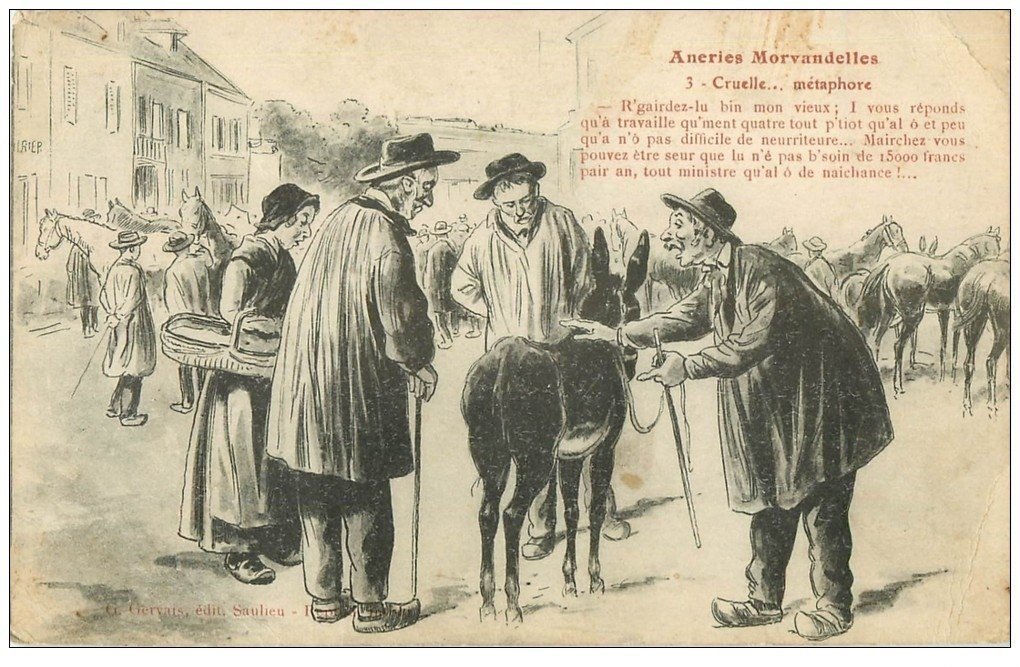 Sabre des Cent Gardes 1854: un petit détail Carte-postale-ancienne-58-patoiseries-morvandelles-cruelle-metaphore-1919-maquignons-et-ane