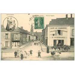 72 LA BAZOGE. Café du Commerce Rue de l'Eglise 1915 et costume Sarthois en médaillon