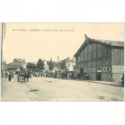 carte postale ancienne K. 91 CORBEIL. Un coin du Marché. Pour Maillard à Champeaux 1909