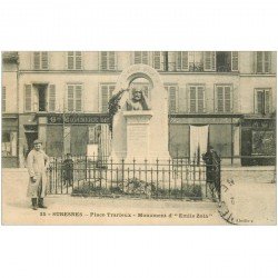 carte postale ancienne 92 SURESNES. Monument Zola Place Trarieux et Boucherie derrière