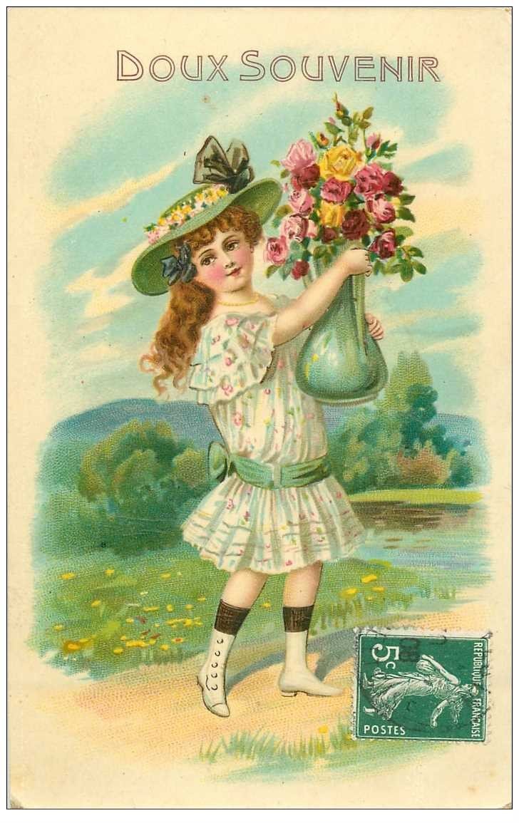 Enfants Doux Souvenir Jeune Fille Avec Vase Et Fleurs 1908