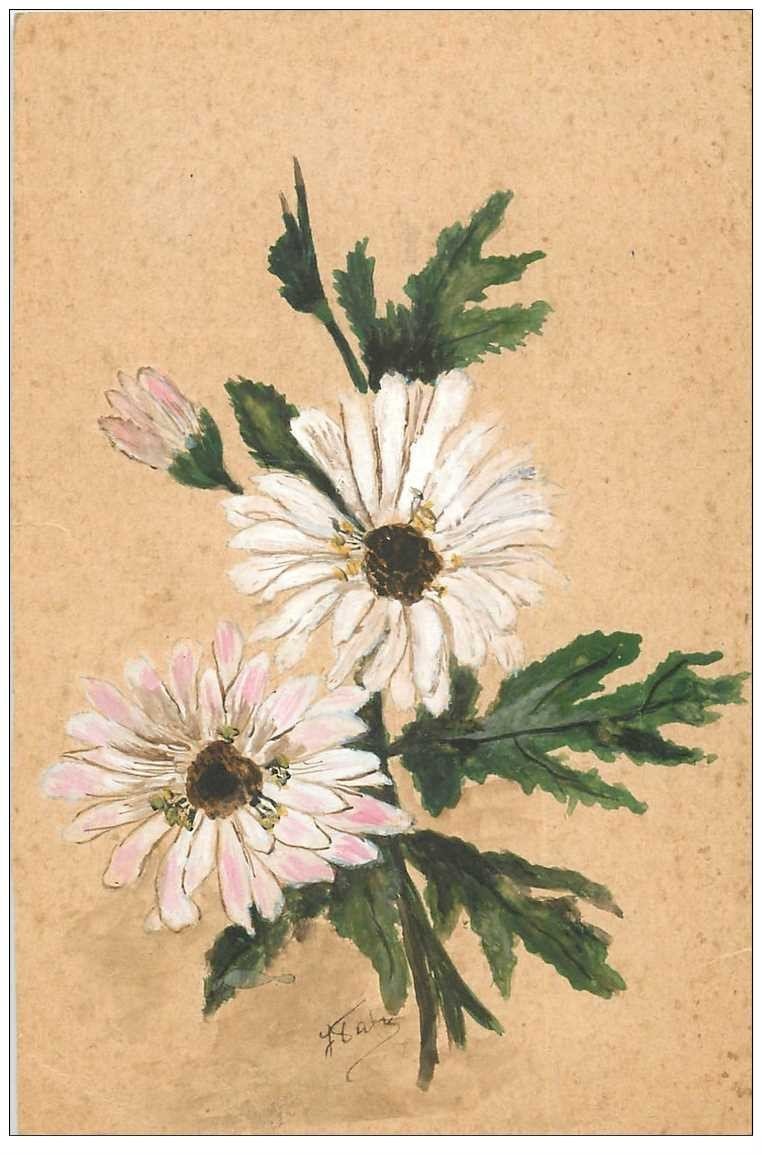 Carte Fleurs Marguerites Peintes A La Main Avec Signature 1939