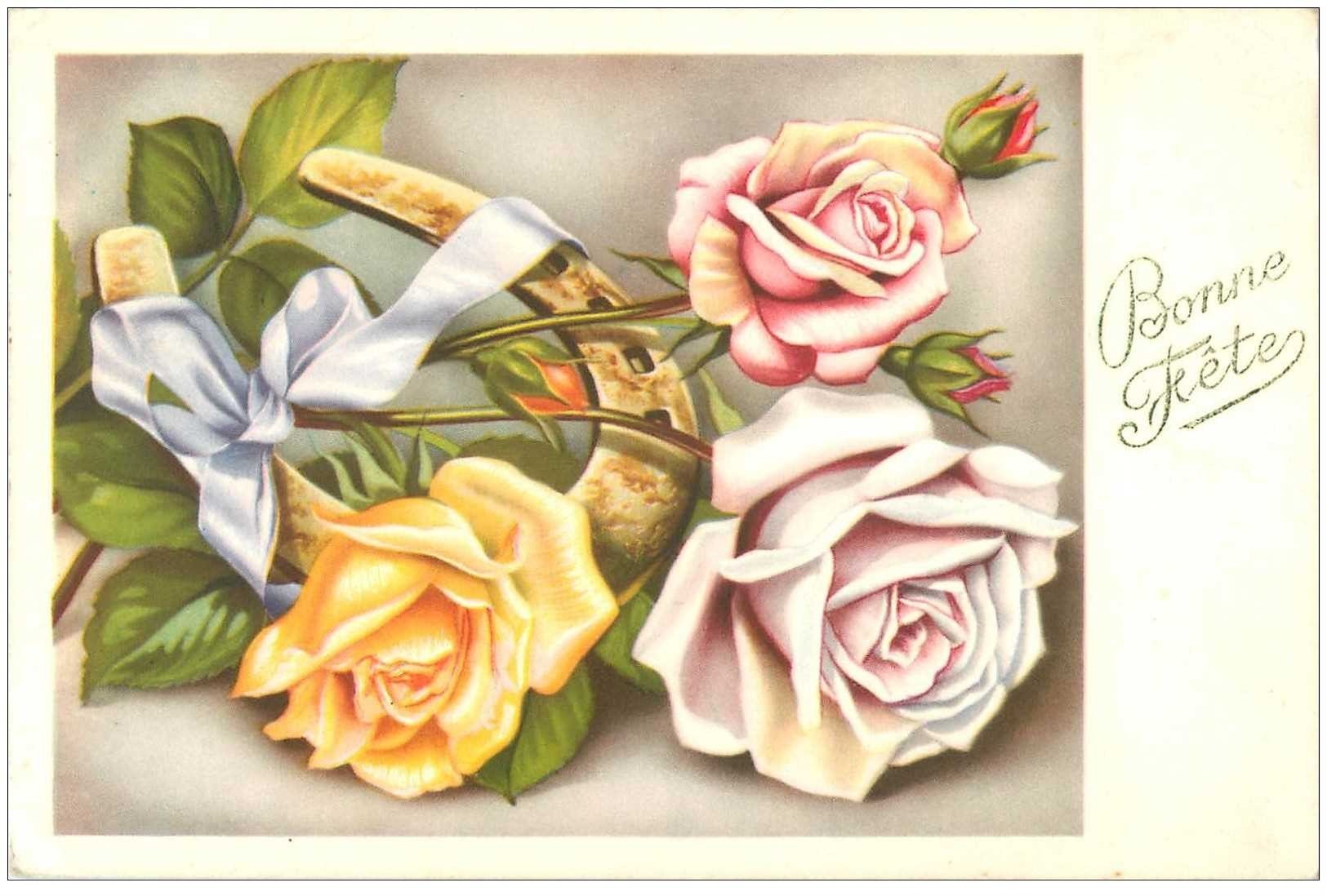 Noel Bonne Fete Fleurs Roses Er Fer A Cheval Carte Vierge