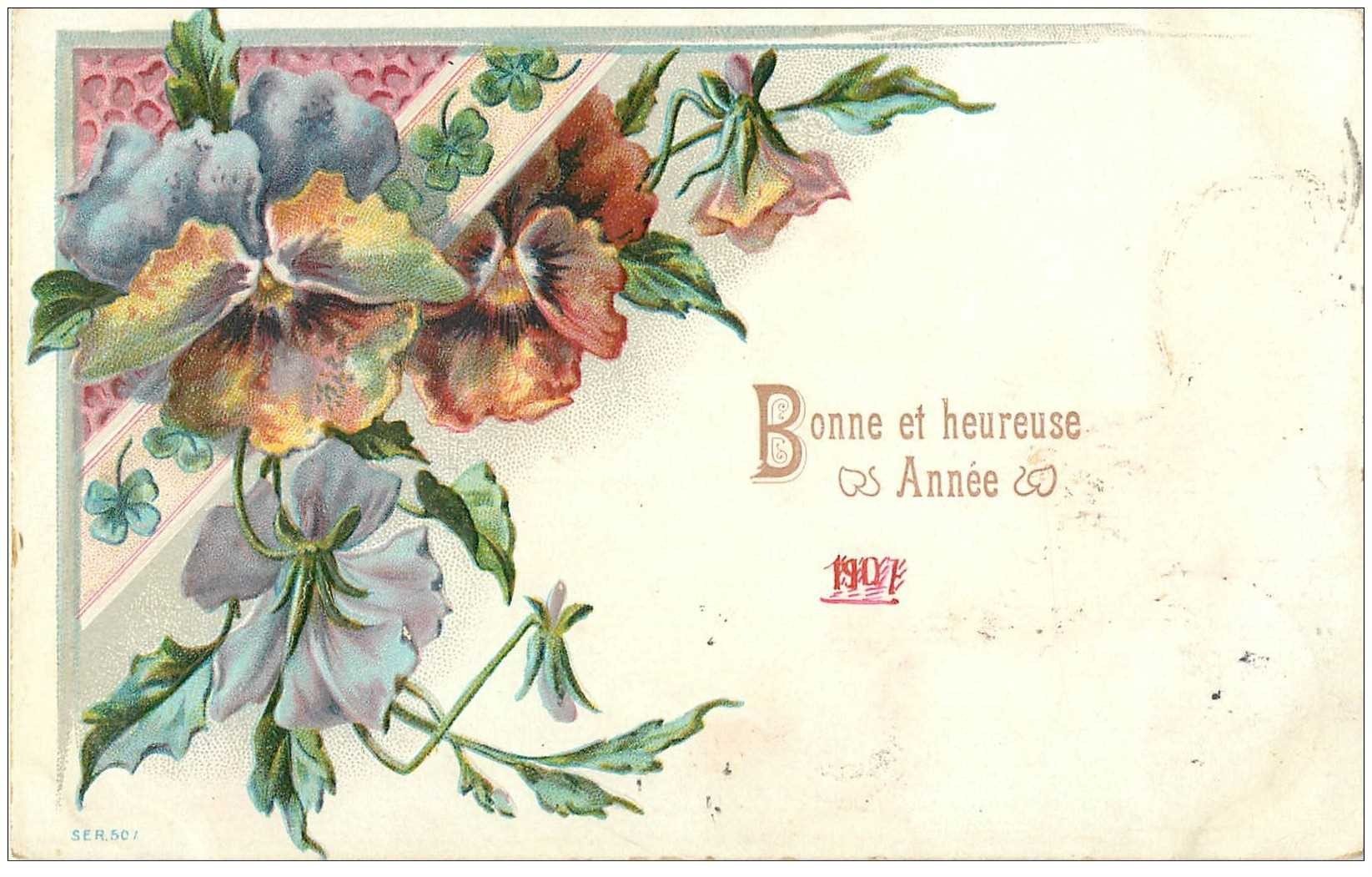 Nouvel An Bonne Annee Carte Gaufree Fleurs 1907