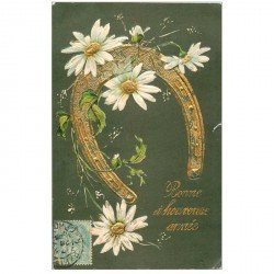 carte postale ancienne NOUVEL AN. Bonne Année carte gaufrée Fleurs et Fer à Cheval 1905