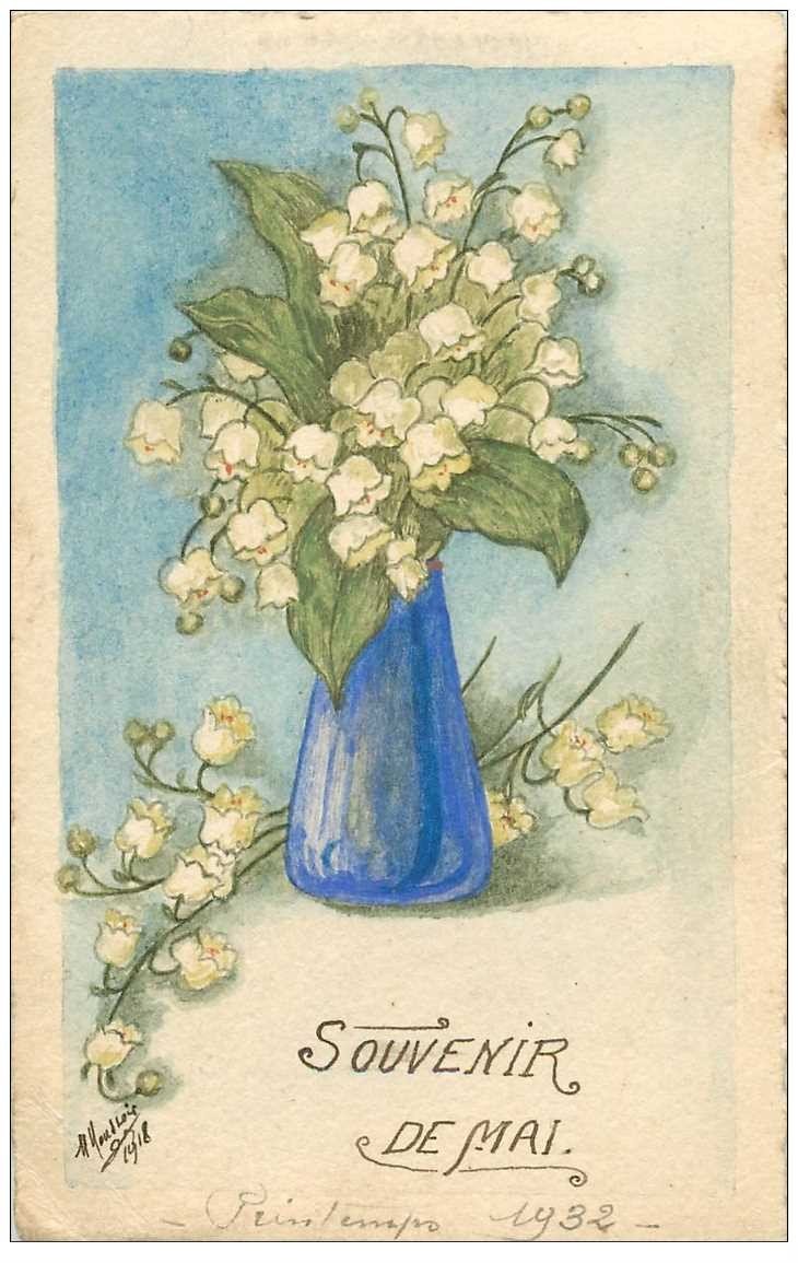 Carte Peinte à La Main Représentant Un Vase Et Fleurs Par Moussoy 1932 Papier à Dessin