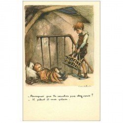 carte postale ancienne POULBOT illustrateur. Il pleut dans sa chambre...