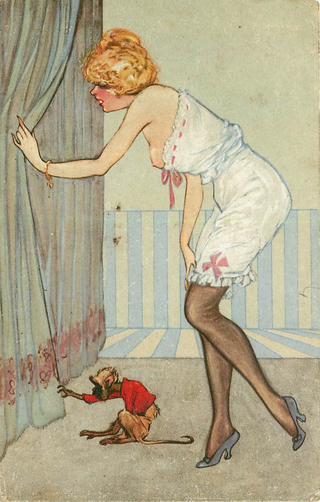 Erotisme. Femme au sein nu et son Singe. Véritable dessin au verso...