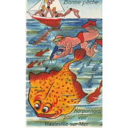 Carte postale à système 50 HAUTEVILLE-SUR-MER. Soulevez la jupe et vous verrez 10 mini-vues "Bonne Pêche"