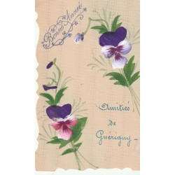 58 GUERIGNY. Superbe carte toilée avec Fleurs Pensée peintes à la main 1916+