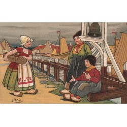 Illustrateur WELLS Les Enfants au Pays-Bas. Bateaux de Pêcheurs et la Cloche