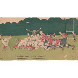 Carte postale humoristique RUGBY signée BOBY : la mêlée (dimensions spéciales 14 x 7,5 cm)