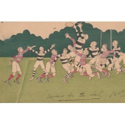 Carte postale humoristique RUGBY signée BOBY vers 1920 : La touche