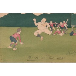 Carte postale humoristique RUGBY signée BOBY vers 1920 : La course avant le placage...