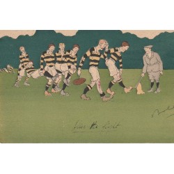 Carte postale humoristique RUGBY signée BOBY vers 1920 : La sortie avec les blessés...