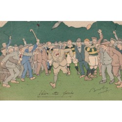 Carte postale humoristique RUGBY signée BOBY vers 1920 : La sortie de l'entraineur sous les huées !...