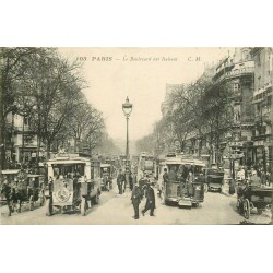 2 cpa 75002-75009 PARIS Bus à plateforme et hippomobiles ainsi que fiacres Boulevard des Italiens 1905