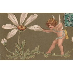 Superbe carte gaufrée L'ANGE ou ANGELOT avec la Marguerite à effeuiller 1907 "je t'aime"