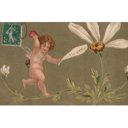 Superbe carte gaufrée L'ANGE ou ANGELOT avec la Marguerite à effeuiller 1907 "un peu"