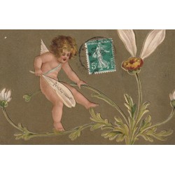 Superbe carte gaufrée L'ANGE ou ANGELOT avec la Marguerite à effeuiller 1907 "Tendrement"