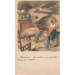 Illustrateur POULBOT. Maman, le cochon qui fouille dans le buffet ... 1939