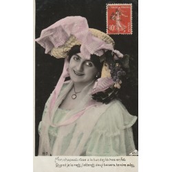 5 cpa série J.L.C FEMME AU CHAPEAU vert, bleu, blanc, rose et or 1908