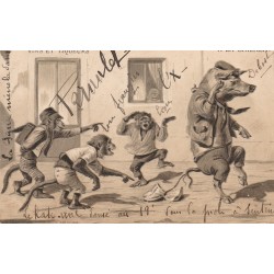 HUMOUR. Animaux Cochon et Singes habillés à la Chienlit Vins et liqueurs 1904